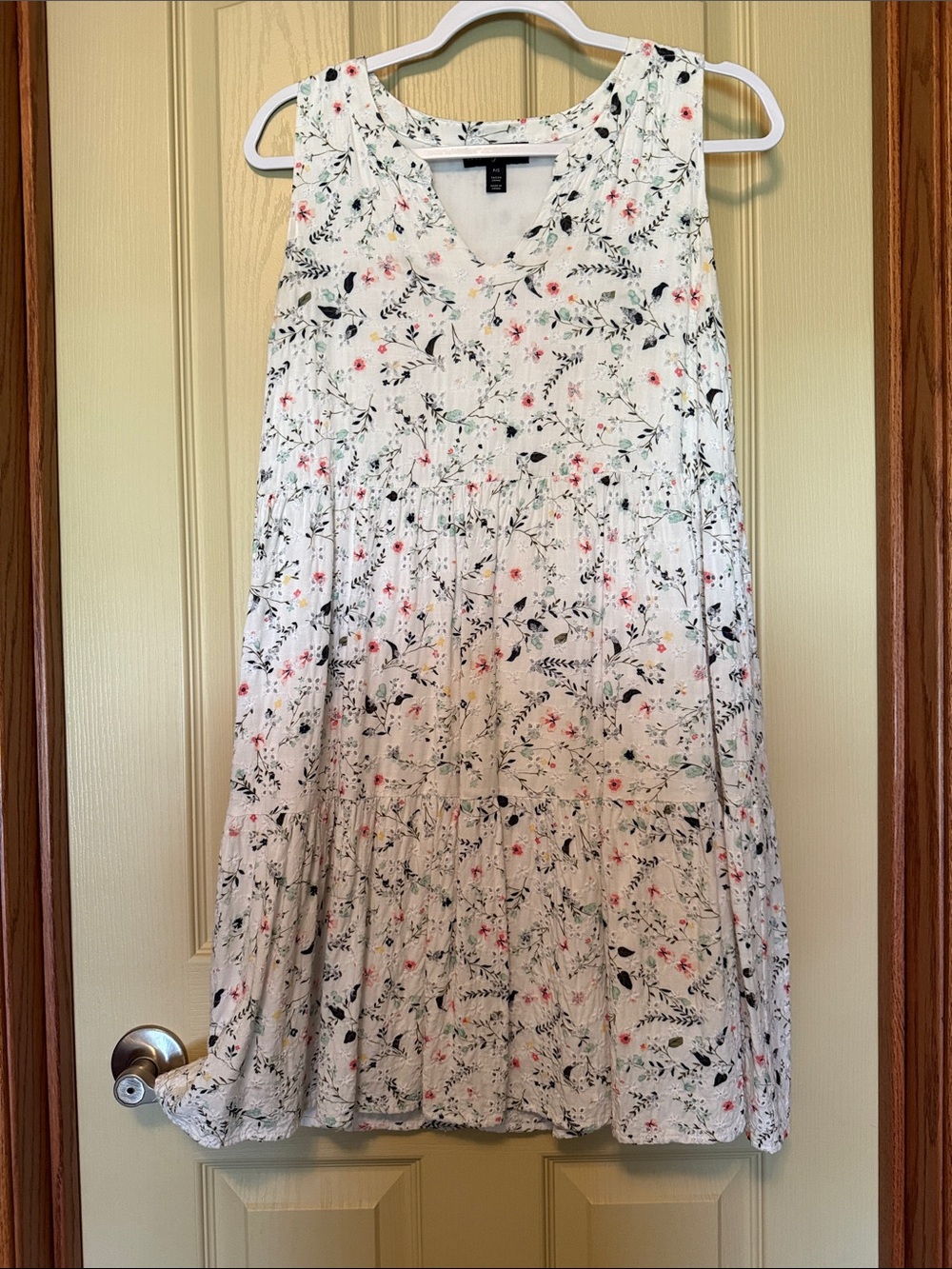 Tribal White Floral Mini Dress with Pink and Green Accents